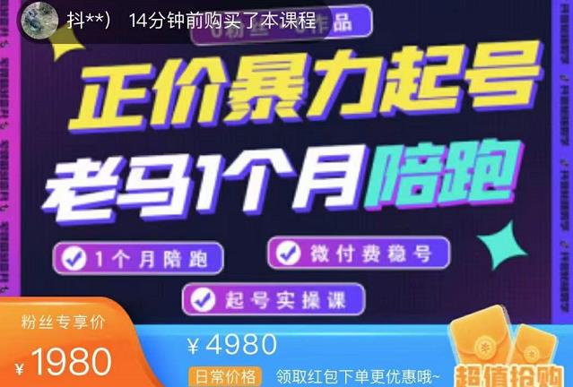 老马电商·正价暴力起号,0粉丝0作品起号实操,微付费稳号(价值1980元)
